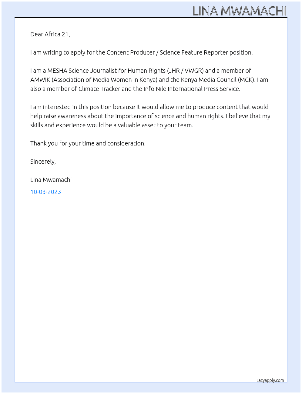 Content Producer / Science Feature Reporter At Africa 21 Cover Letter