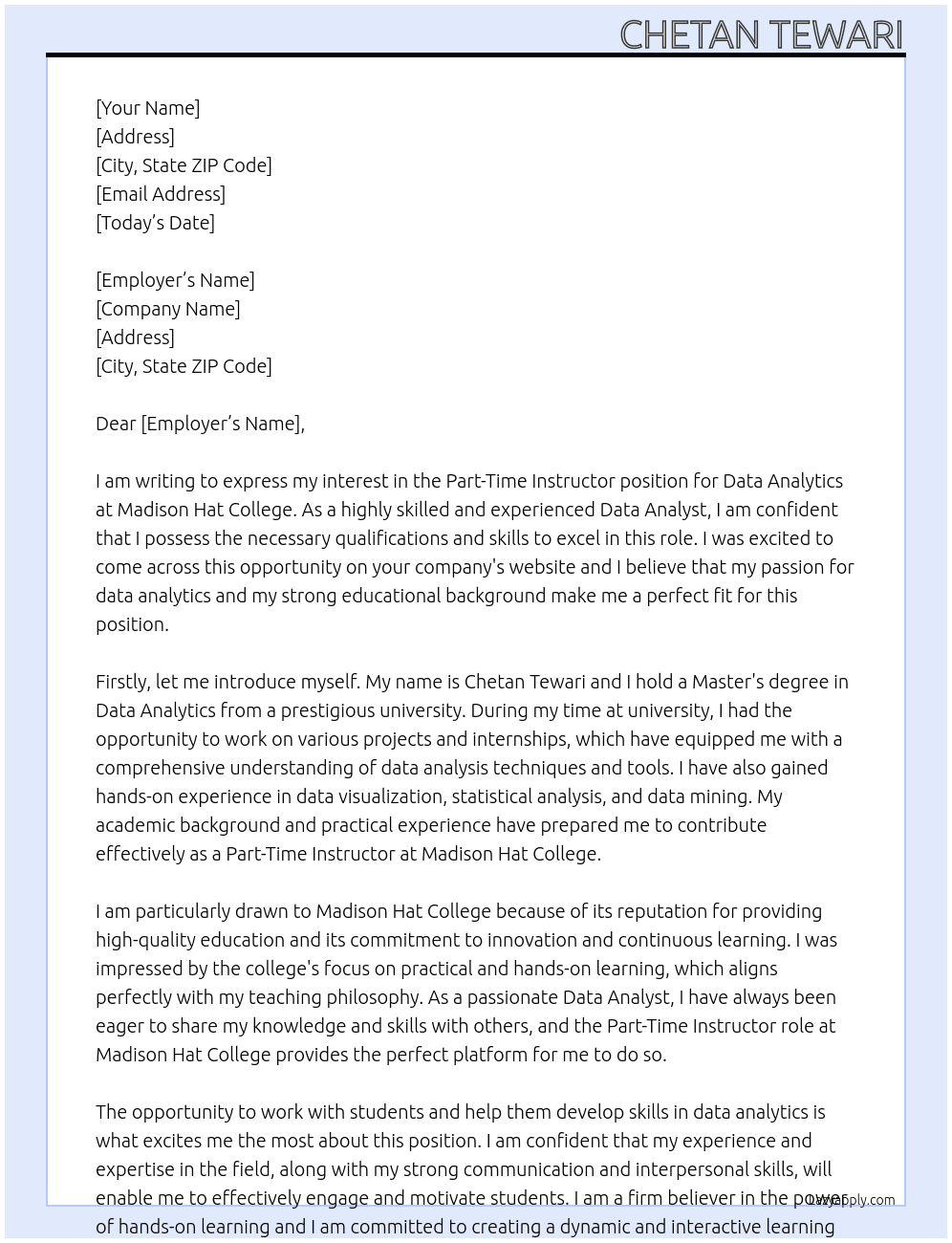 Part-Time Instructor, Data Analytics At Madison Hat College Cover Letter