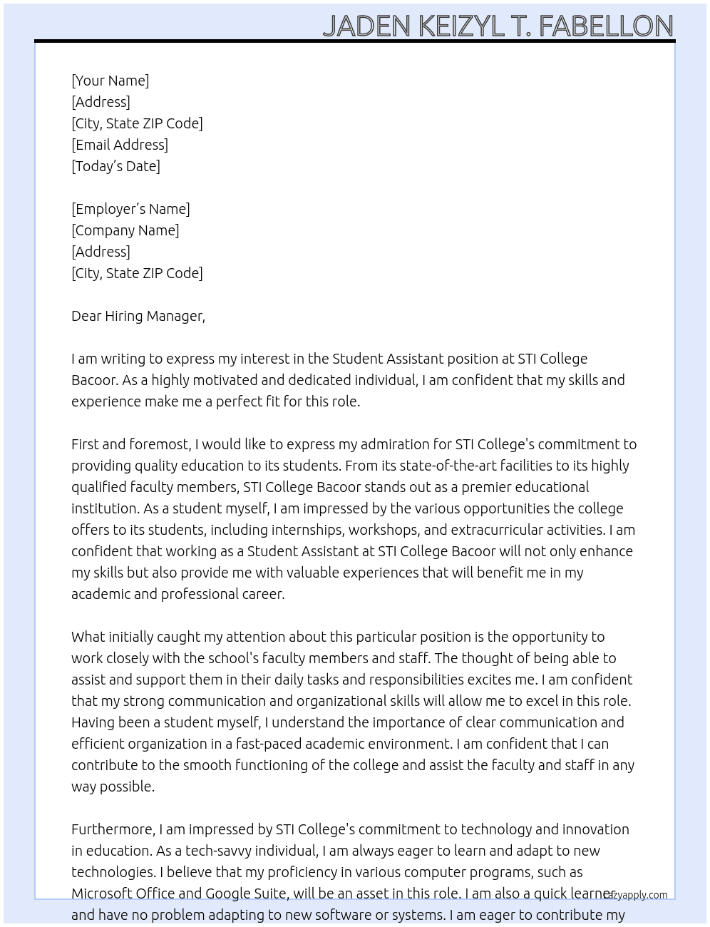 Student Assistant At STI college Bacoor  Cover Letter