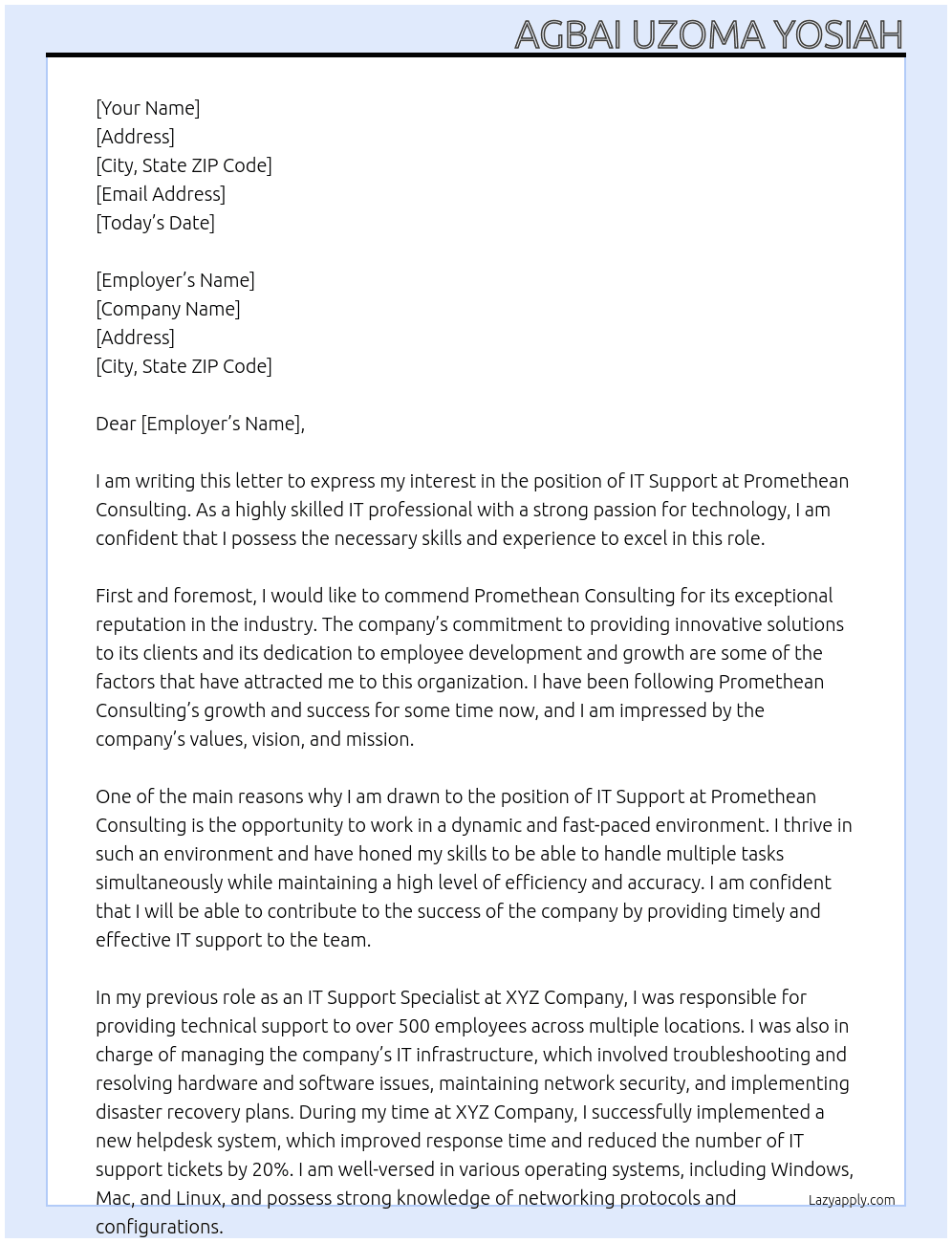 IT Support At Promethean Consulting Cover Letter