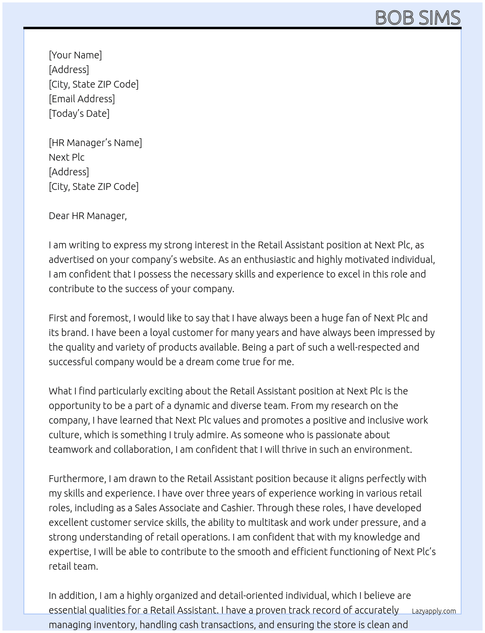 Retail Assistant At Next Plc Cover Letter