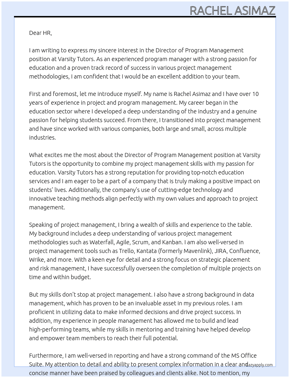 Director of Program Management At Varsity Tutors Cover Letter