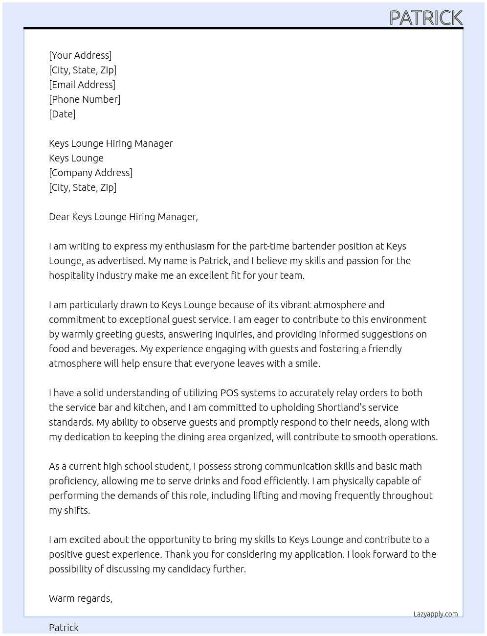 bartender At Keys Lounge Cover Letter