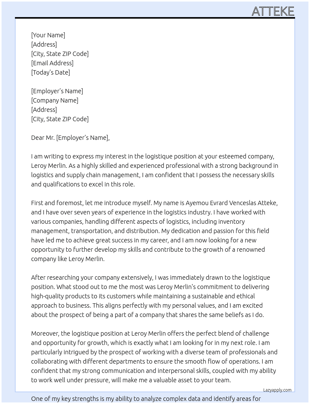 logistique At leroy Merlin Cover Letter