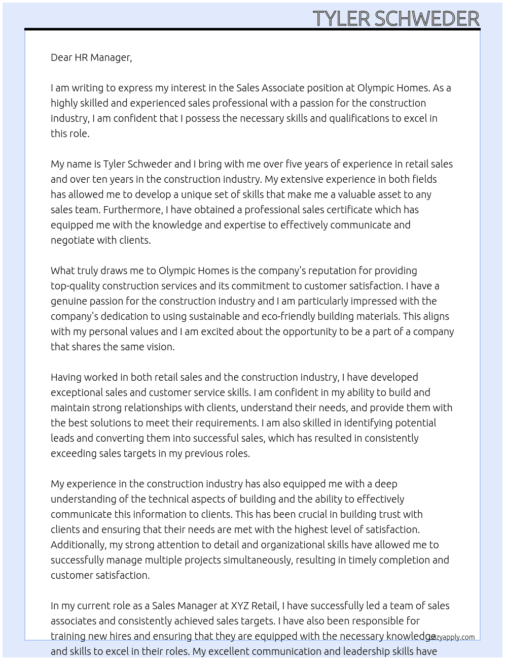 sales associate At Olympic Homes Cover Letter