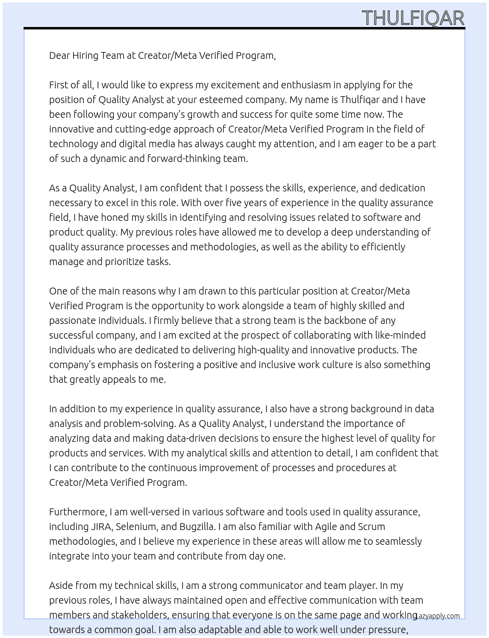 Quality Analyst  At Creator/Meta Verified Program Cover Letter