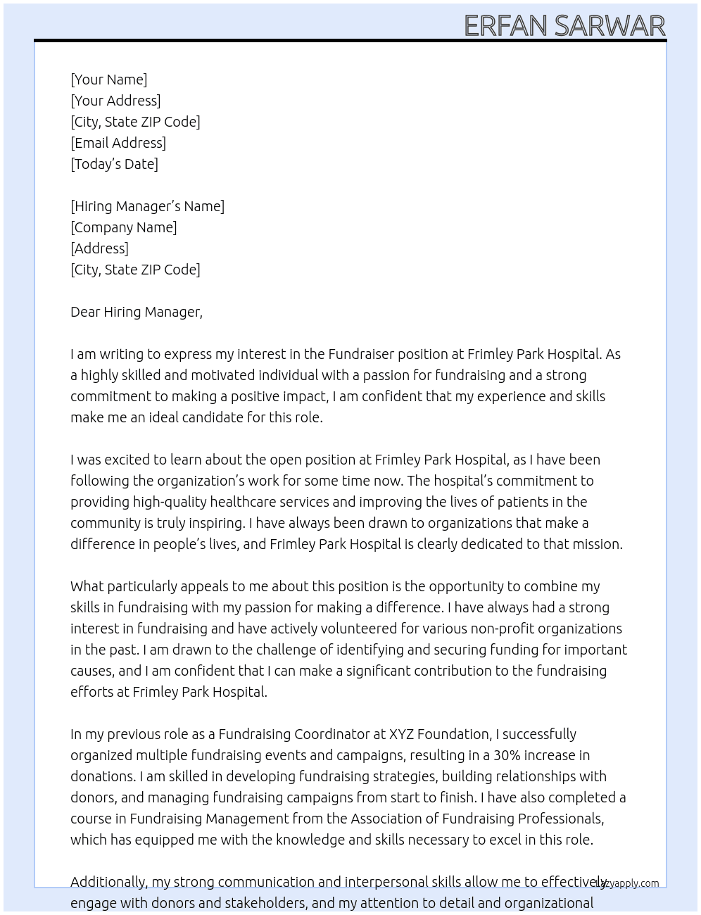 FUNDRAISER At FRIMLEY PARK HOSPITAL Cover Letter