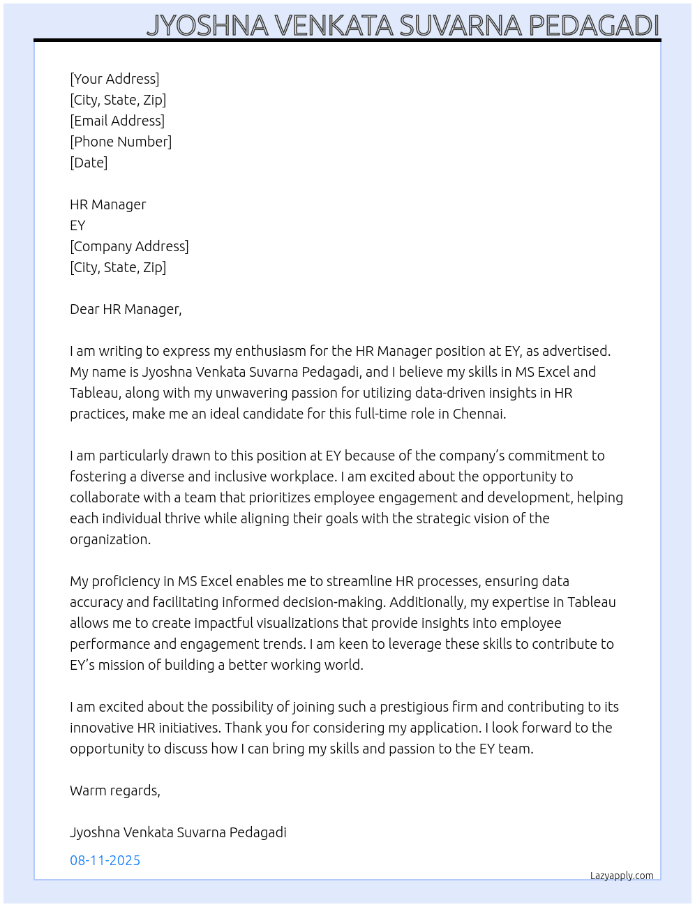 HR Manager At EY Cover Letter