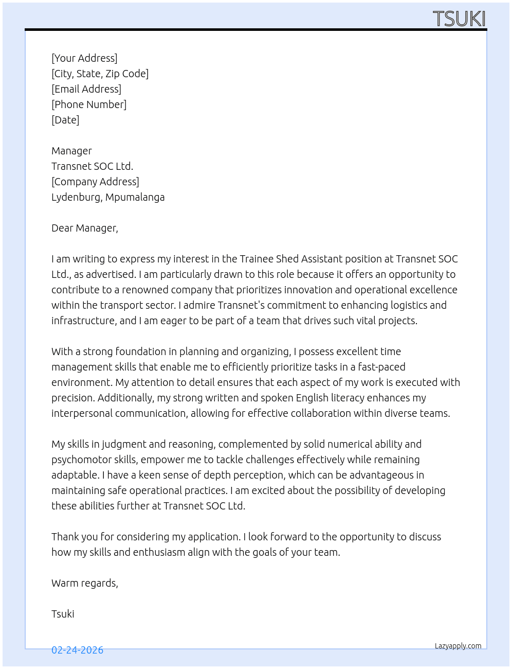 Trainee Shed Assistant At Transnet SOC Ltd. Cover Letter