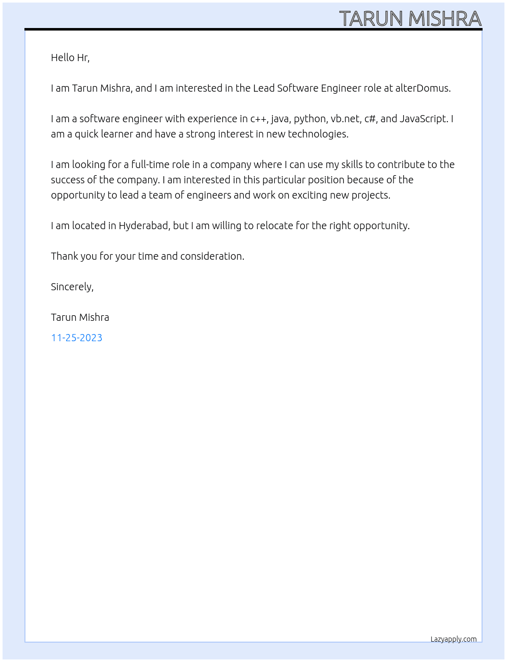 Lead Software Engineer (8089) At alterDomus Cover Letter