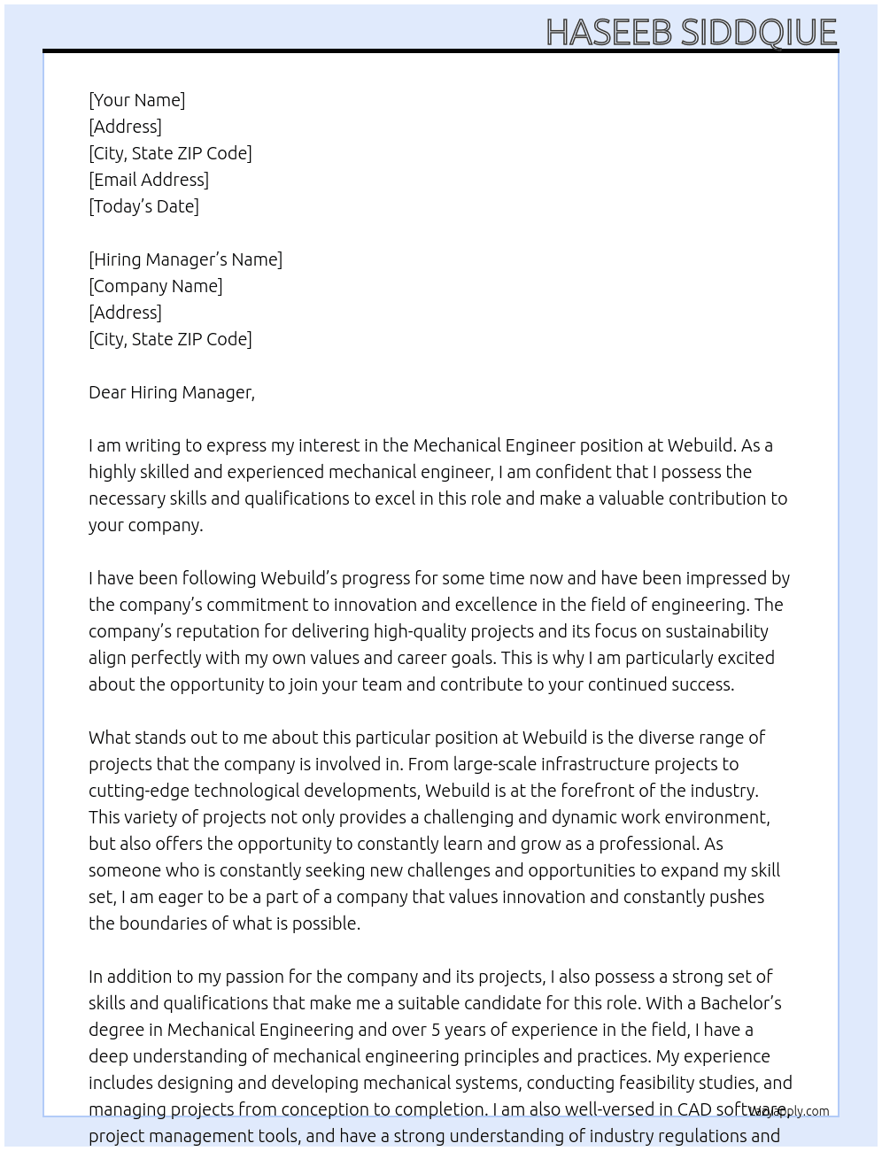 mechanical engineer At webuild Cover Letter