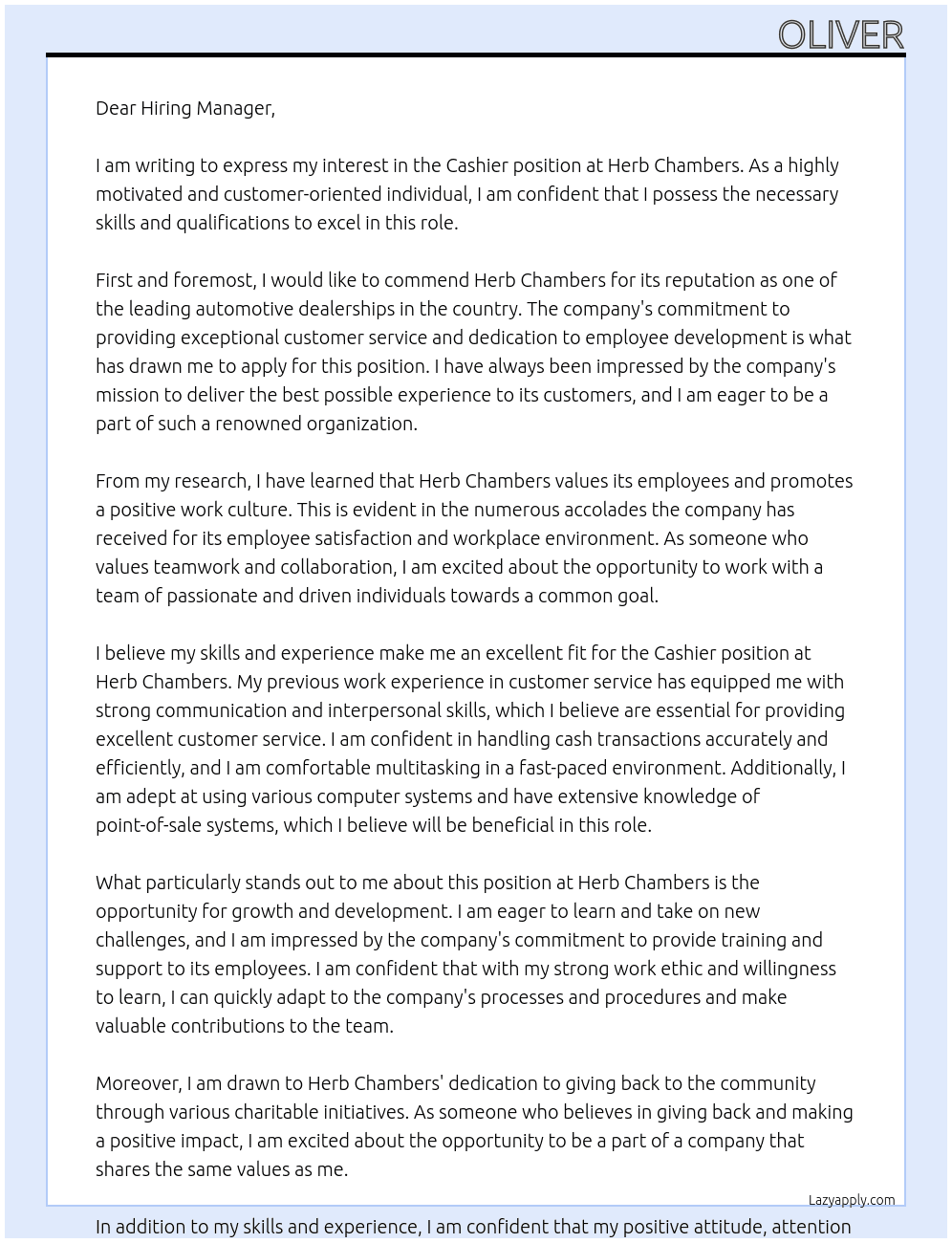 Cashier At Herb chambers Cover Letter