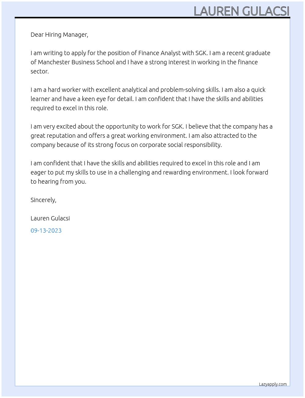 Finance Analyst At SGK Cover Letter
