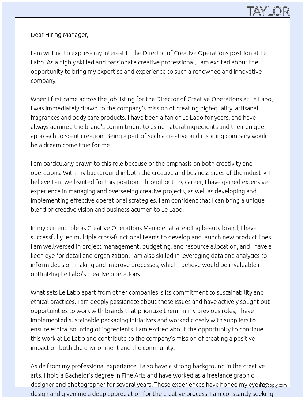 Director, Creative Operations At Le Labo Cover Letter