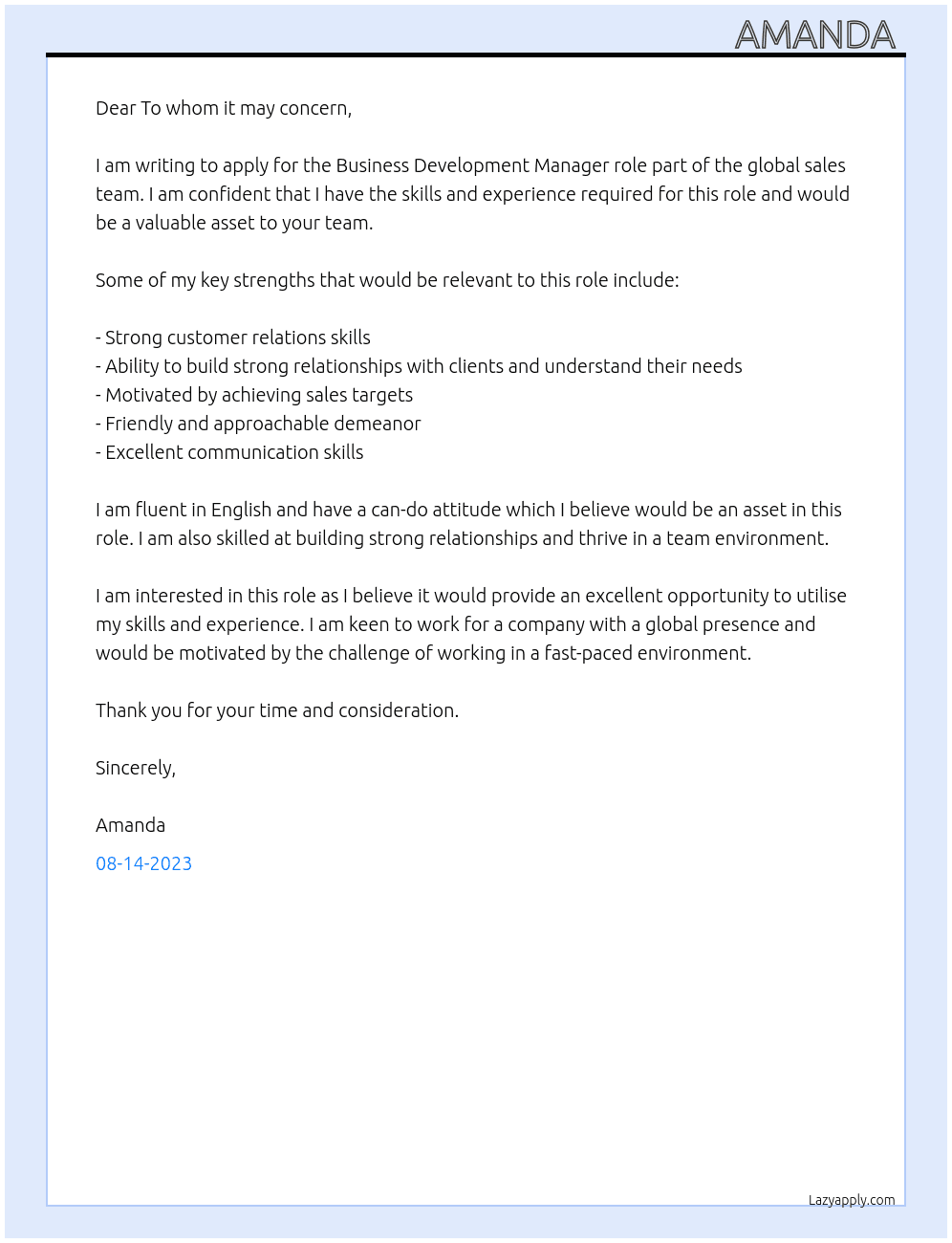 Business Development Manager part of the global sales team At Go Gift Cover Letter