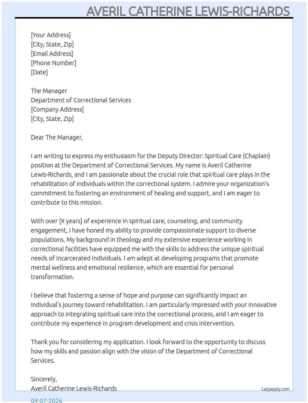 Deputy Director: Spiritual Care (Chaplain) At Department of Correctional Services  Cover Letter
