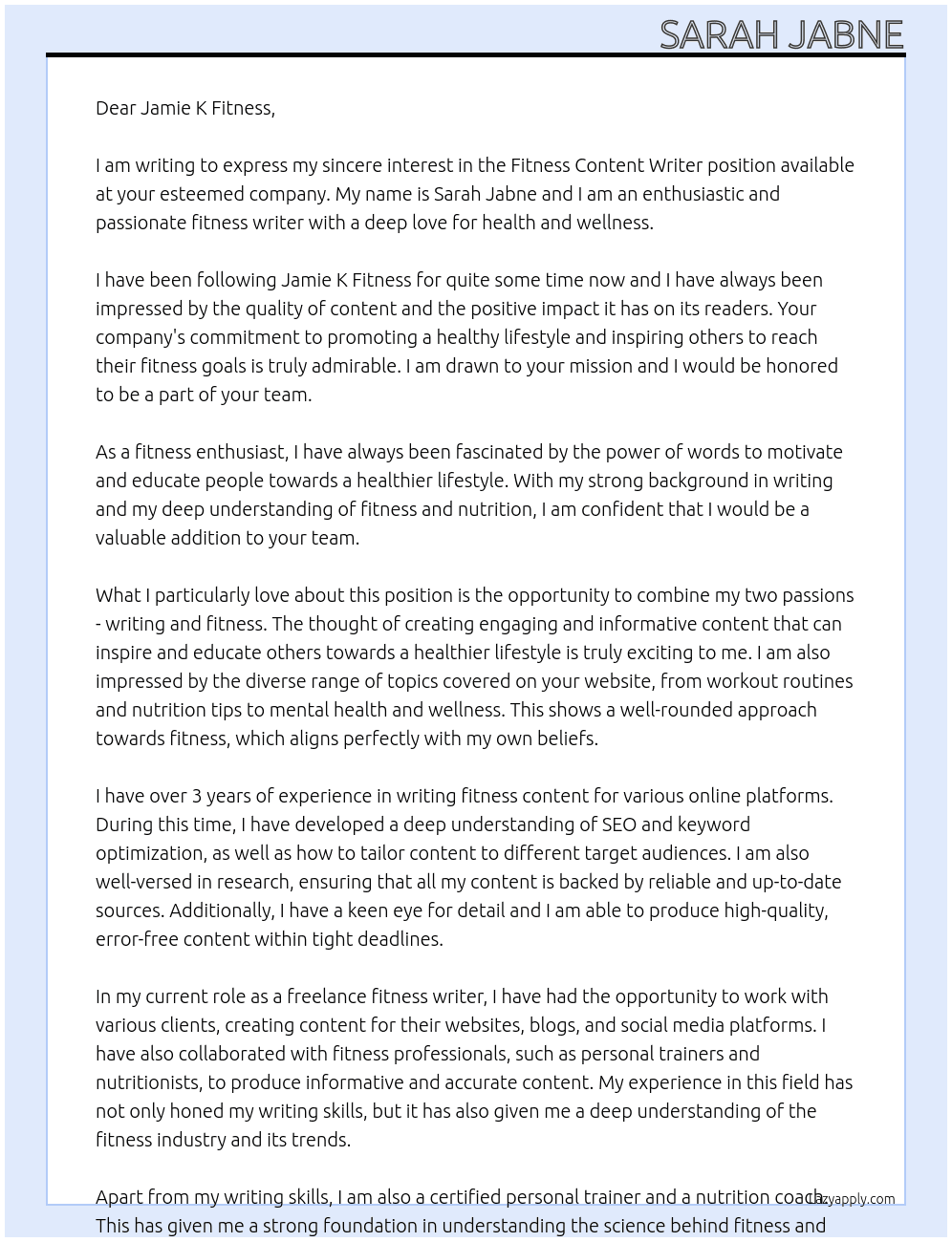 FITNESS CONTENT WRITER At JAMIE K FITNESS Cover Letter