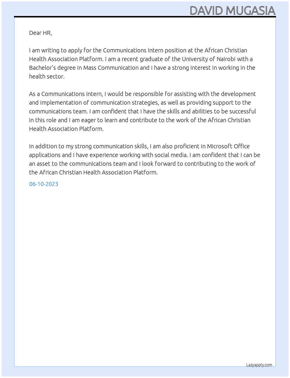 Communications Intern At African Christian Health Association Platform Cover Letter