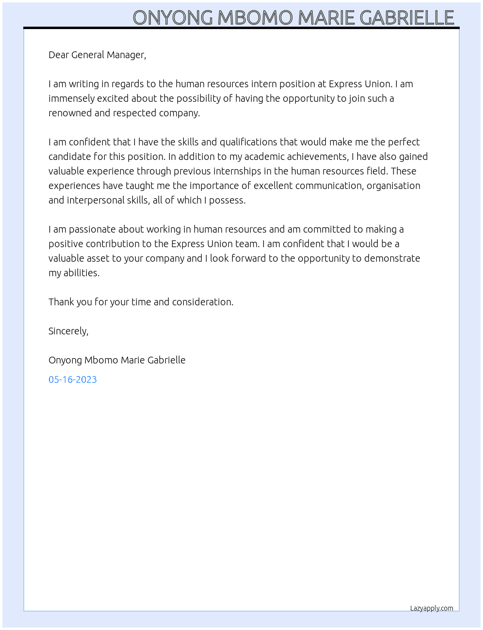 Human resource intern At Express Union  Cover Letter