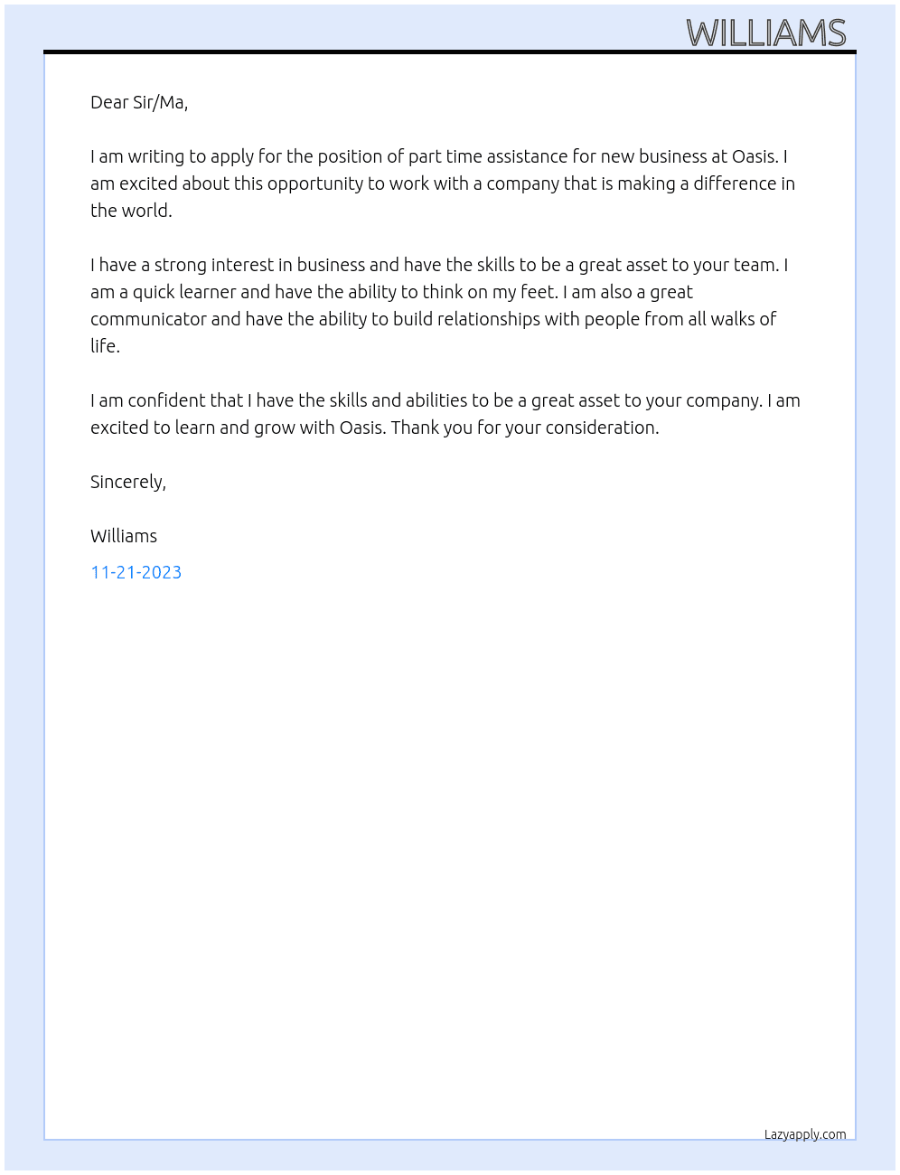 part time assistance for new business  At Oasis Cover Letter