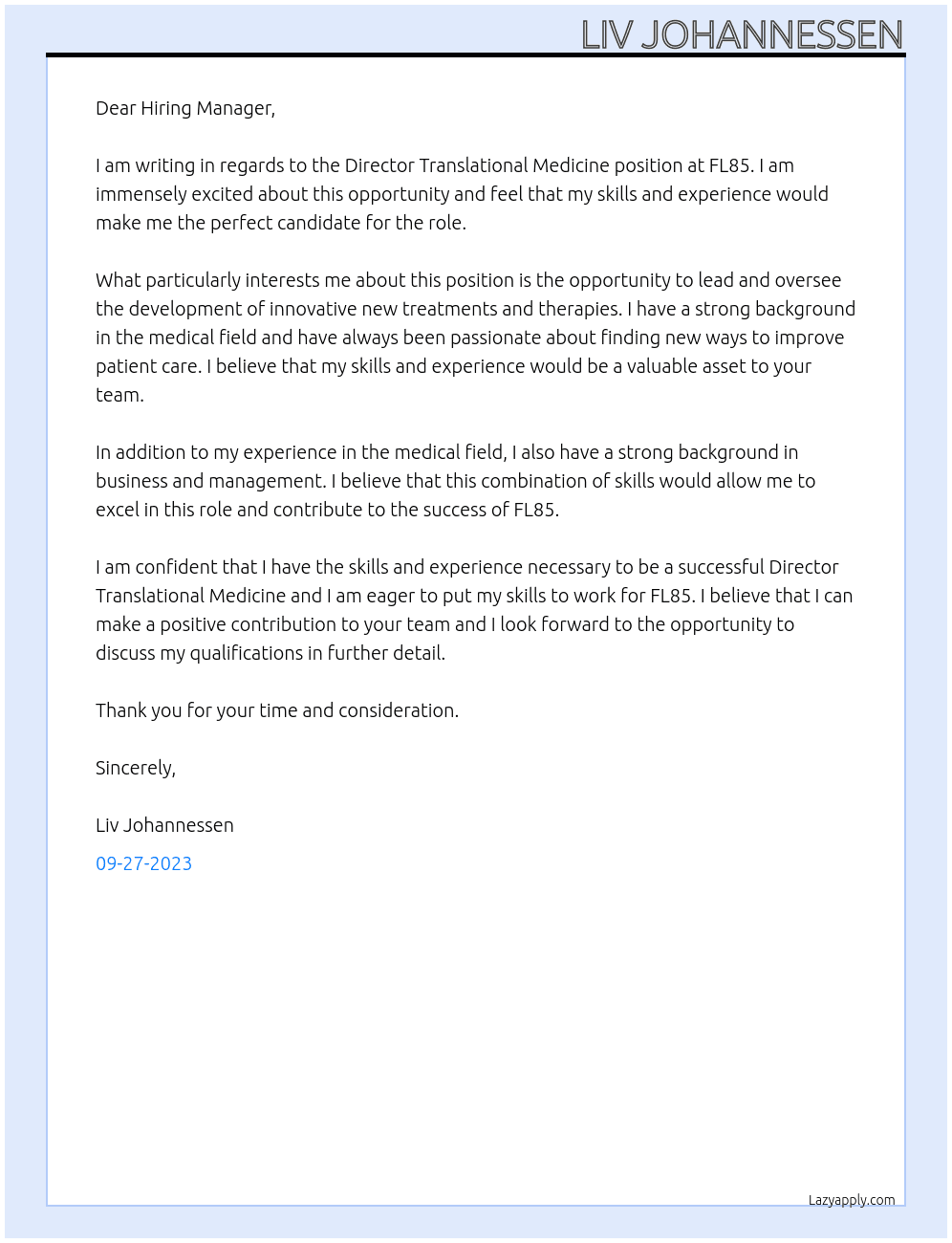 Director Translational Medicine At FL85 Cover Letter