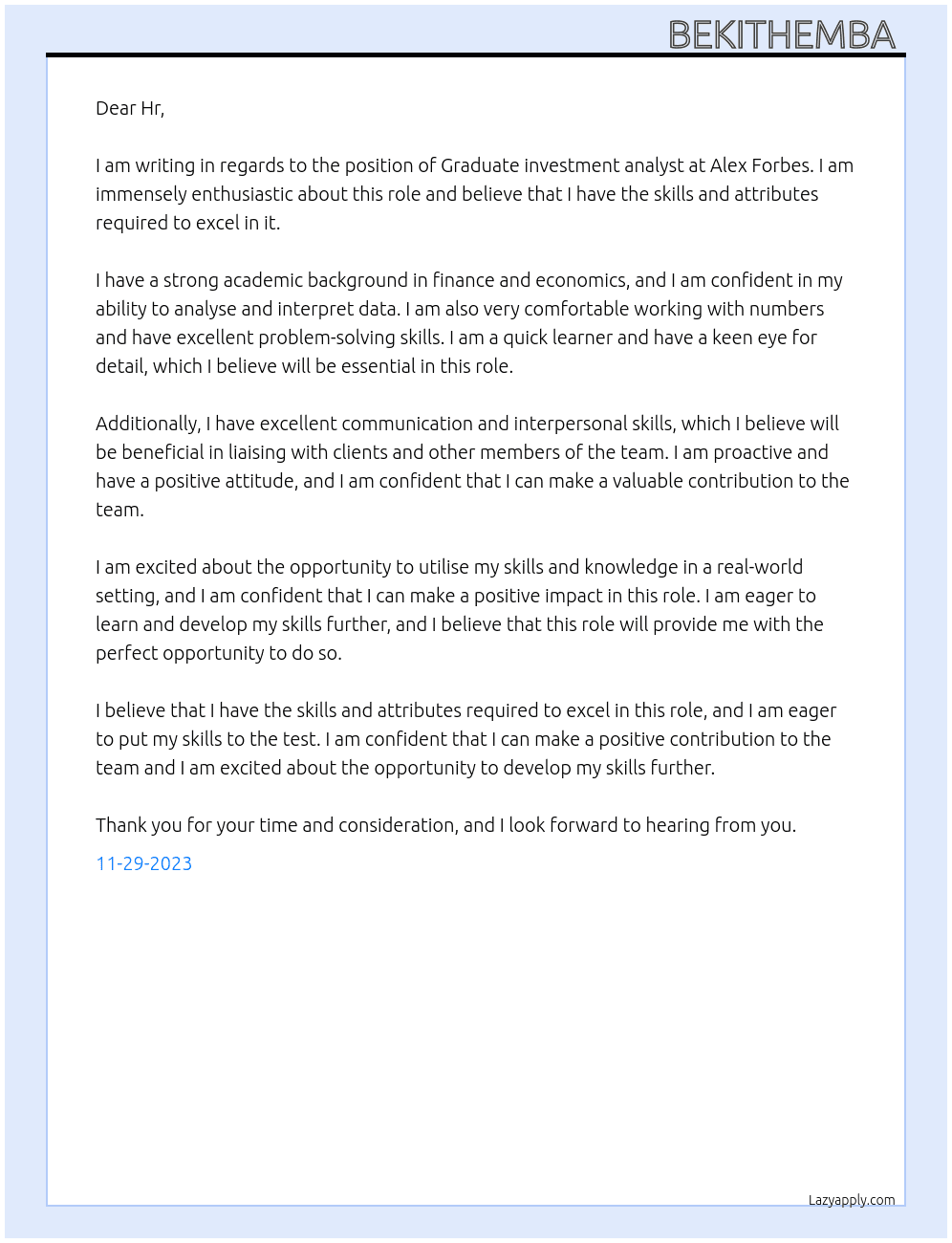 Graduate investment analyst  At Alex Forbes  Cover Letter