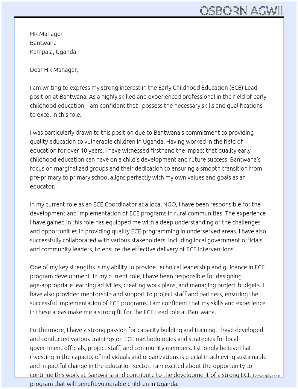 Early Childhood Education (ECE) Lead At Bantwana Cover Letter