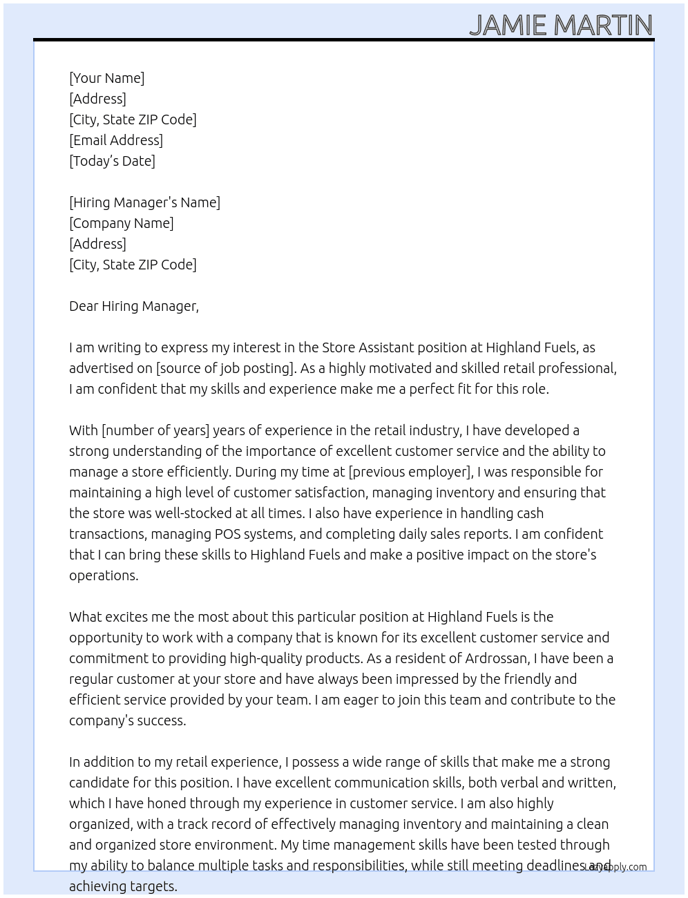 Store Assistant  At Highland Fuels Cover Letter