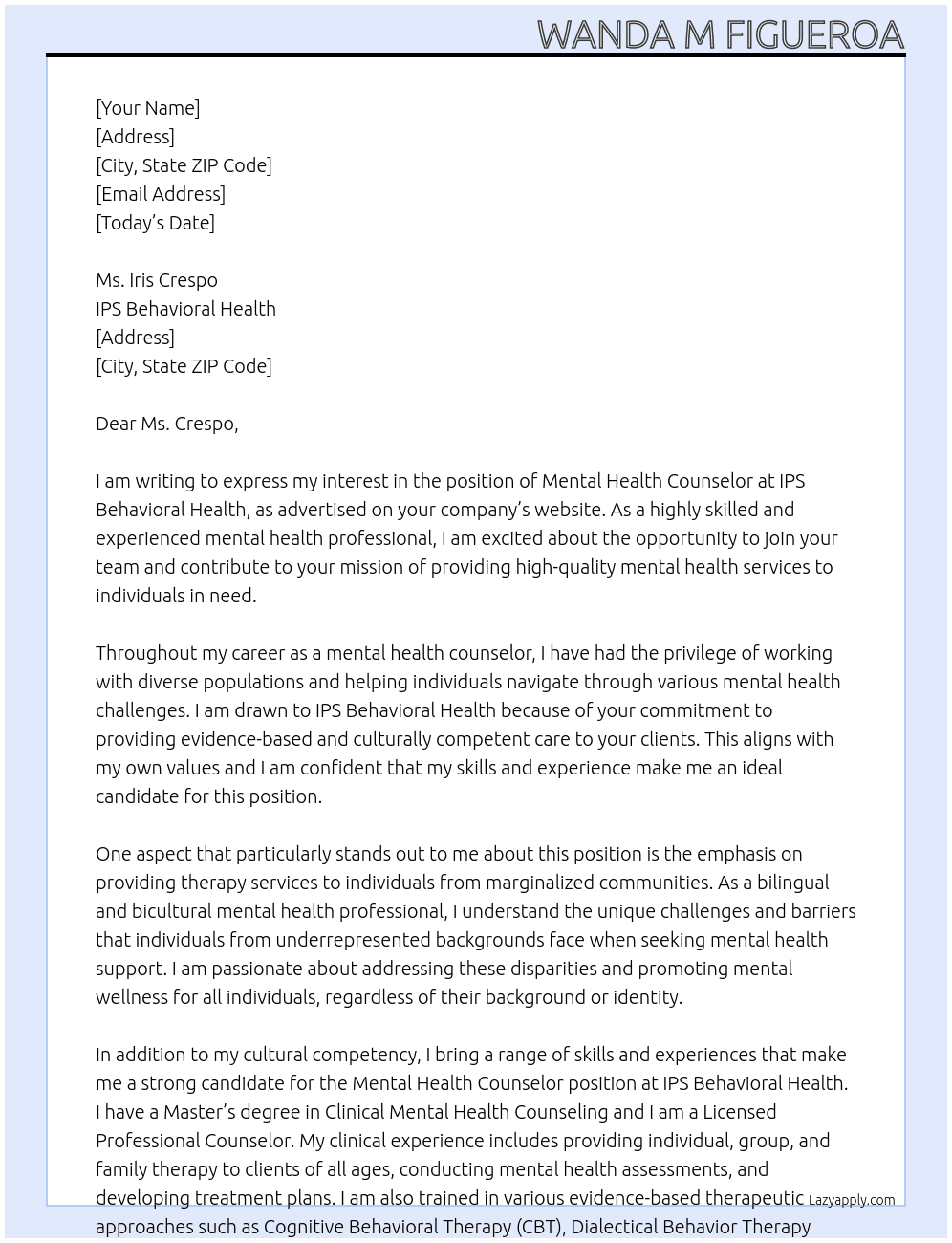 Mental Health Counselor At IPS Behavioral Health Cover Letter