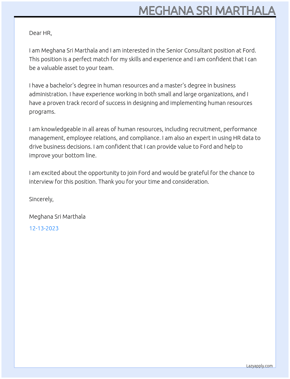 Senior Consultant At Ford Cover Letter