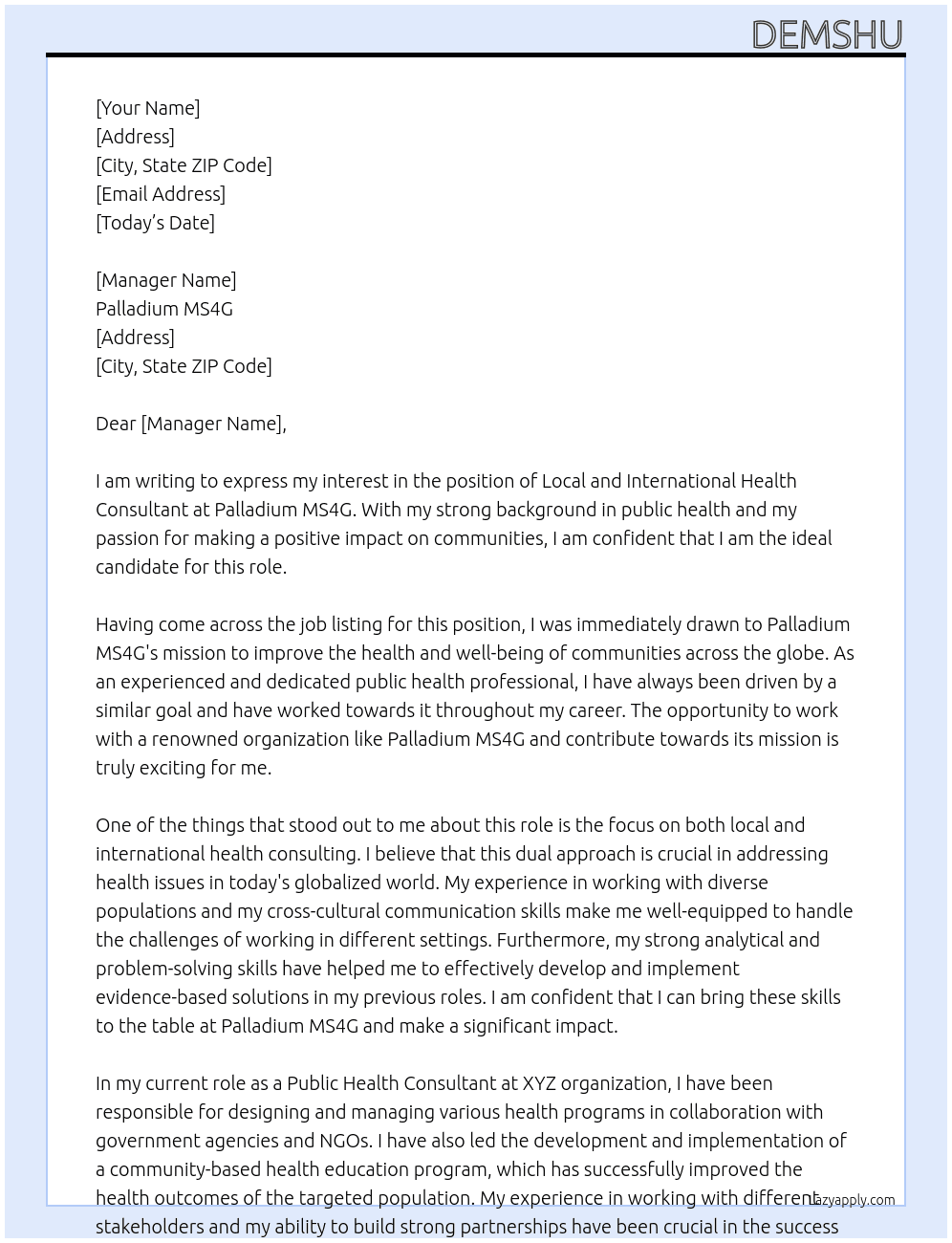  Local and International Health Consultants At Palladium MS4G Cover Letter