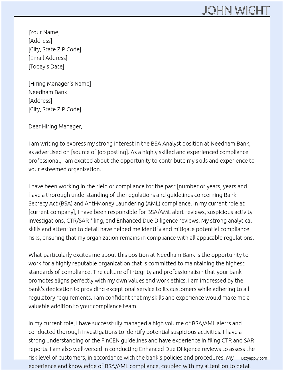 BSA Analyst  At Needham Bank Cover Letter
