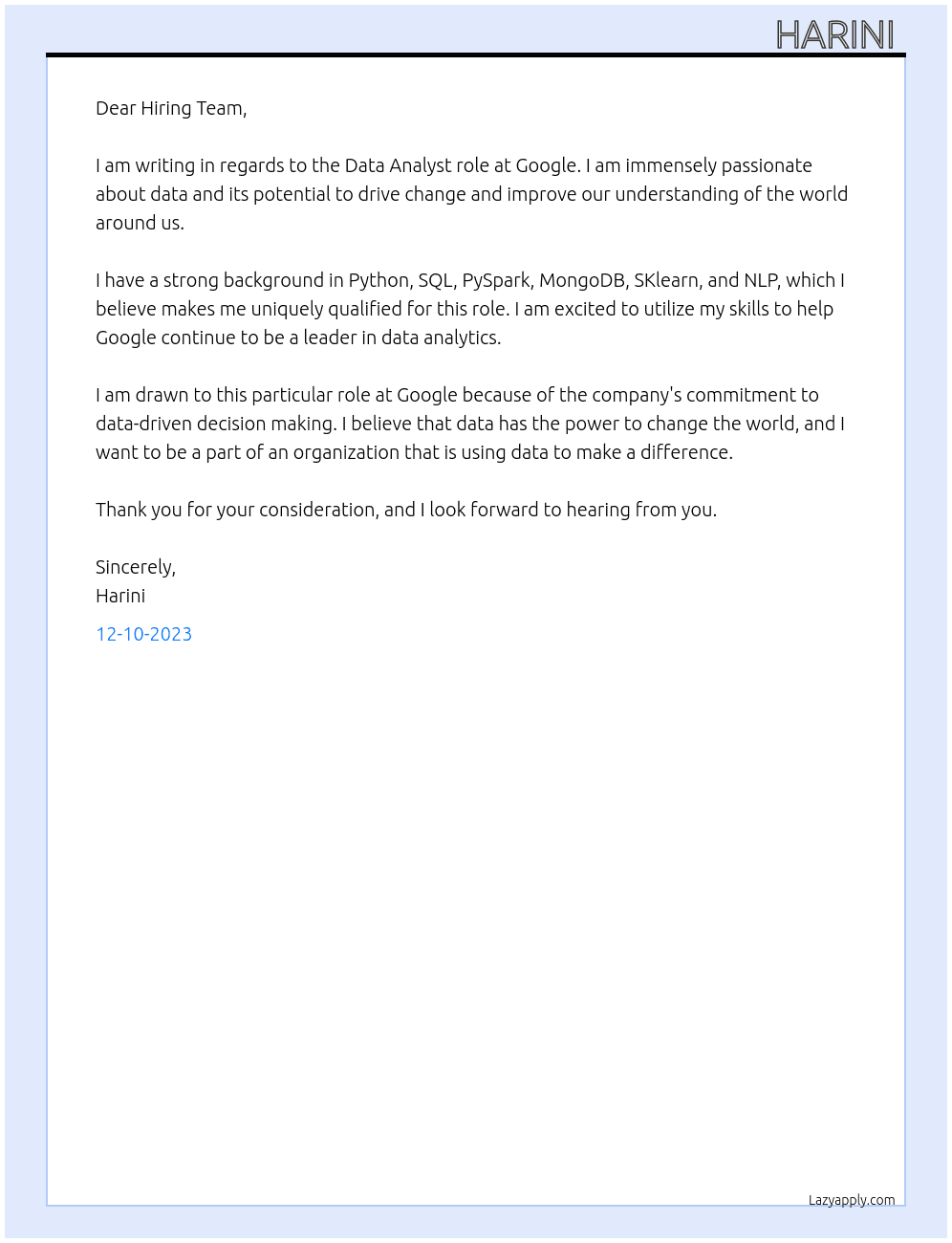 Data Analyst At Google,Data Analytics Apprenticeship Cover Letter