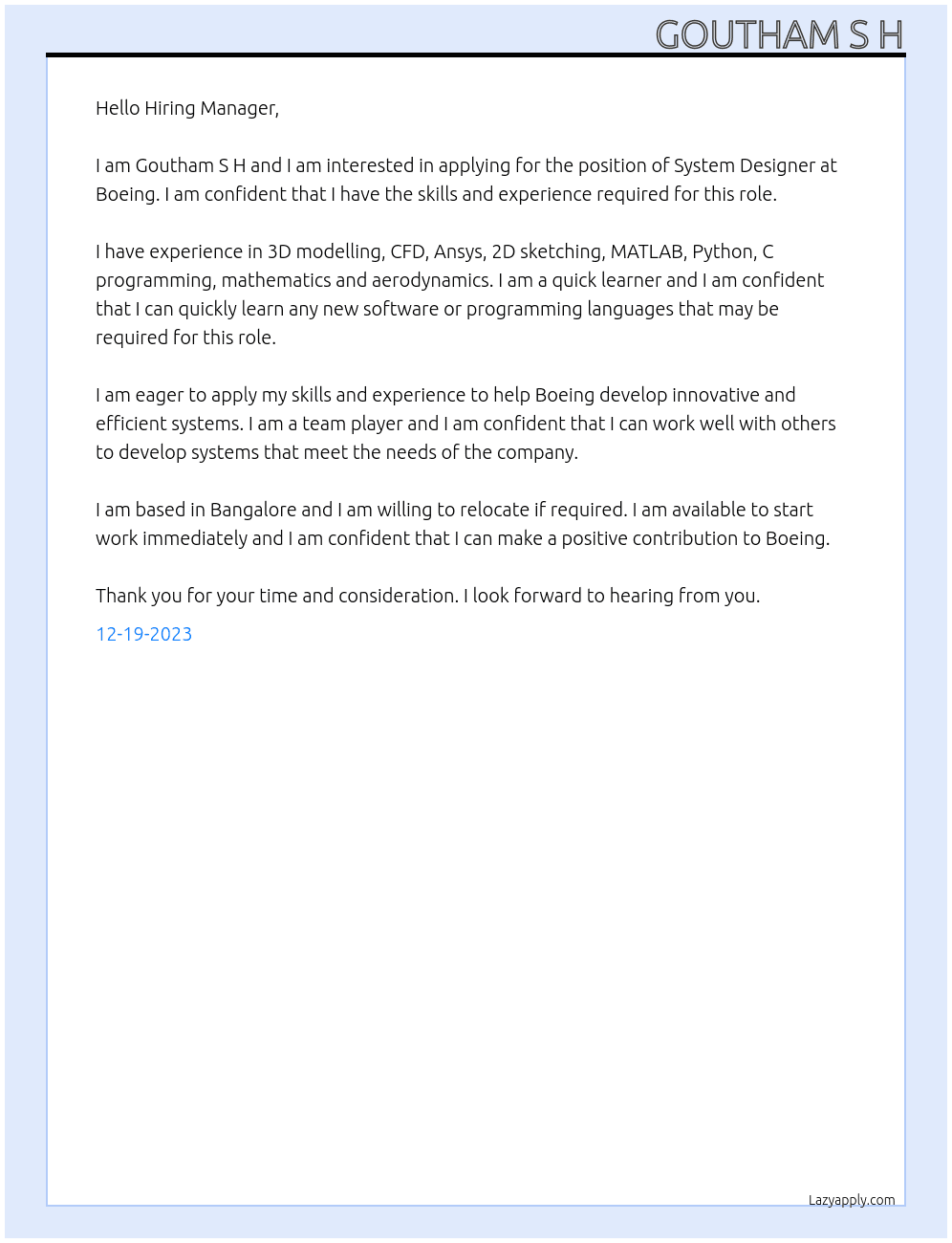 System Designer At Boeing Cover Letter