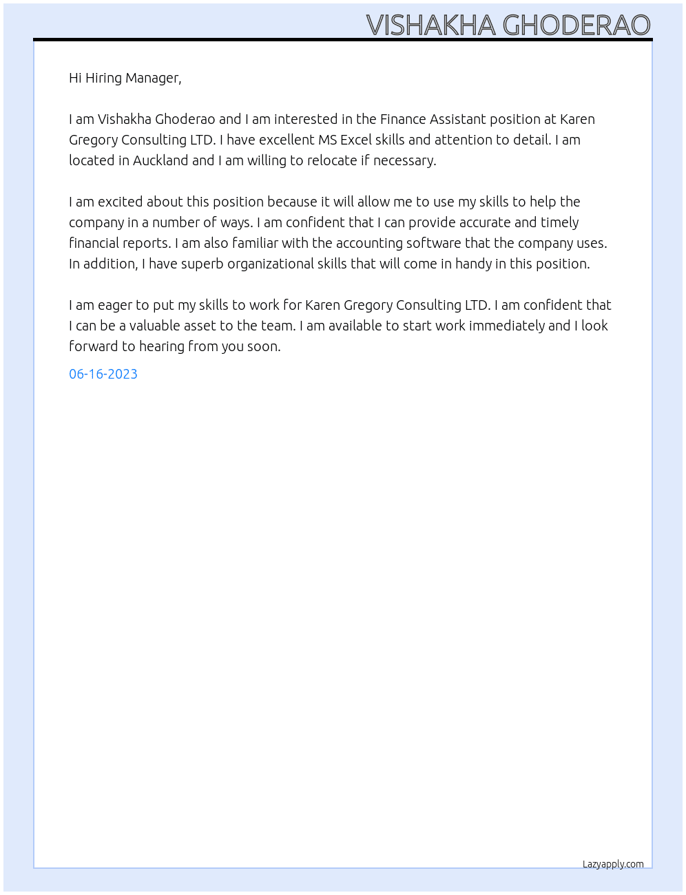 Finance Assistant At Karen Gregory Consulting LTD Cover Letter