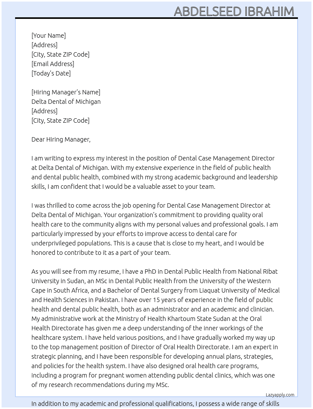 Dental Case Management Director At Delta Dental of Michigan  Cover Letter