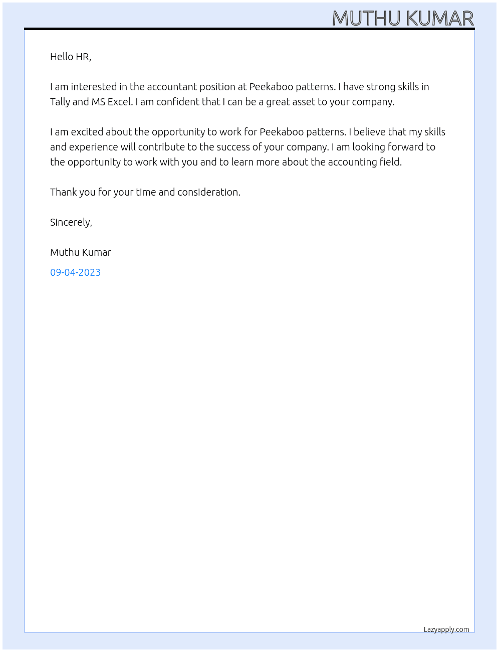Accountant At Peekaboo patterns Cover Letter