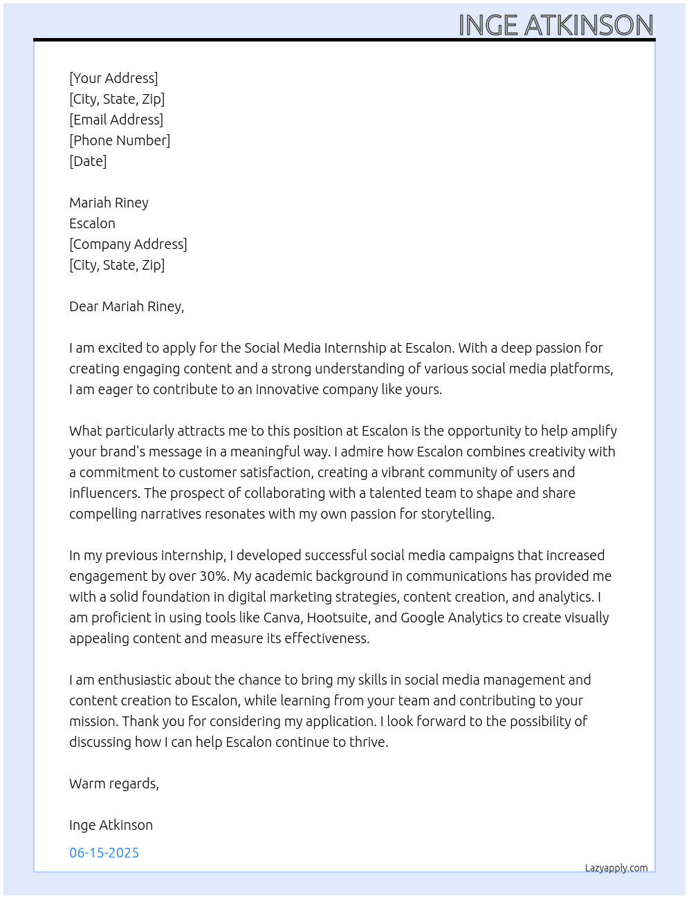 Social Media Internship At Escalon Cover Letter