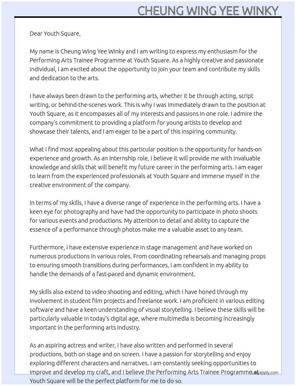 Performing Arts Trainee Programme  At Youth Square Cover Letter
