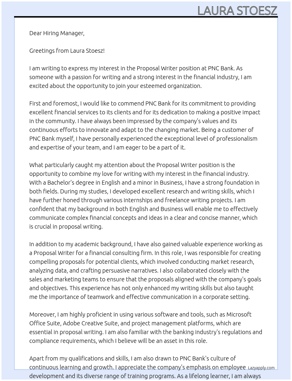 Proposal Writer At PNC Bank Cover Letter