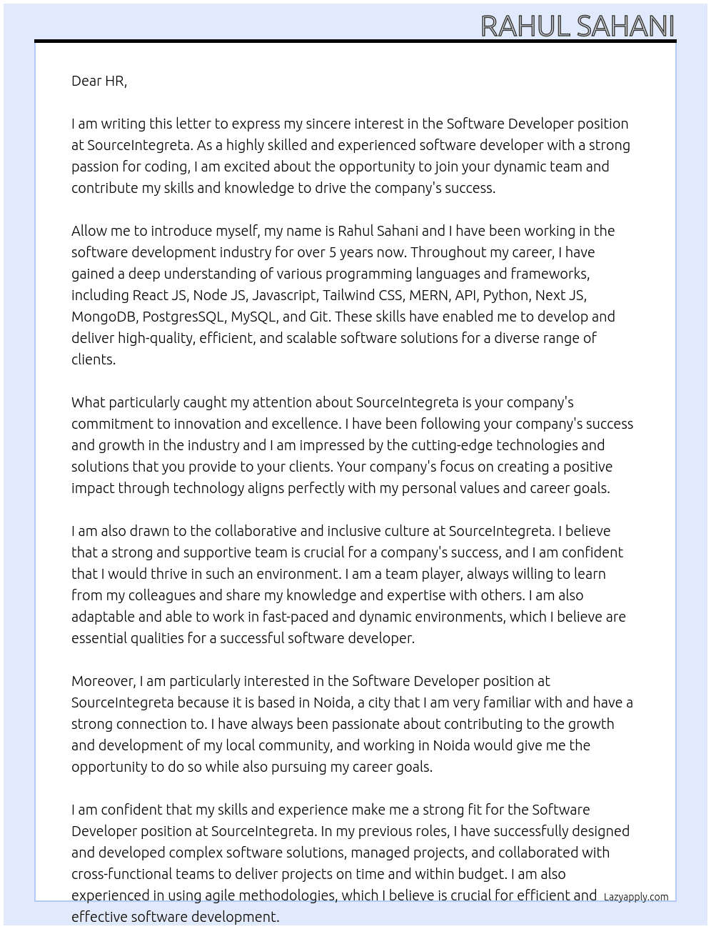 Software Developer At SourceIntegreta Cover Letter