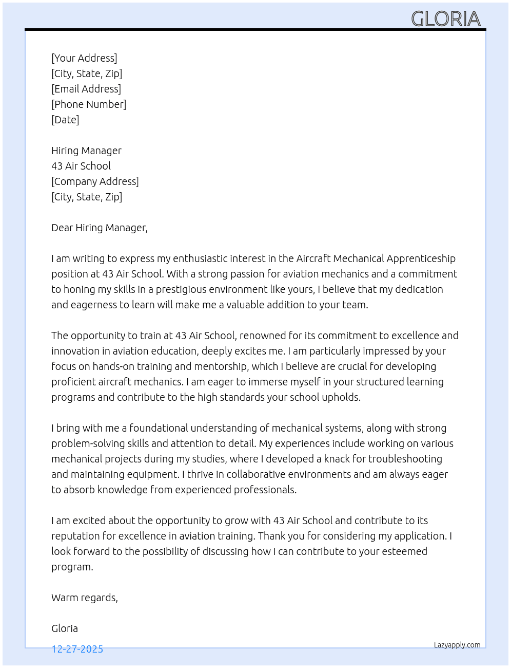 Cover letter for aircraft mechanical apprentices - LazyApply