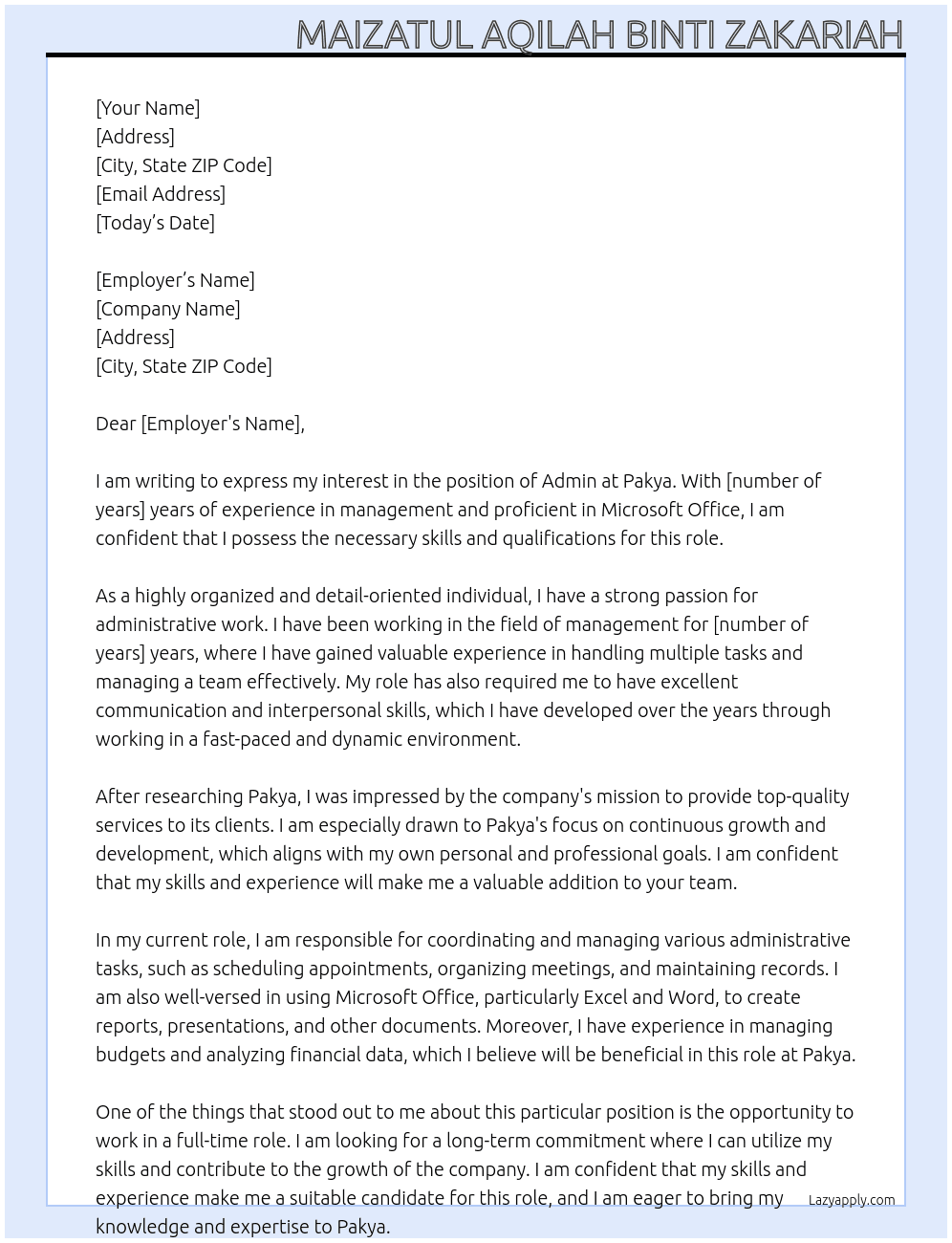 admin At pakya Cover Letter