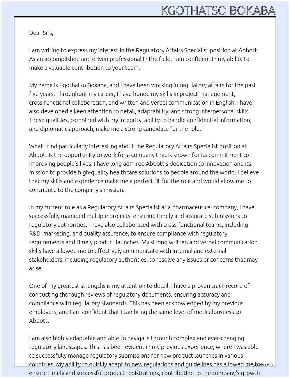 Regulatory Affairs Specialist  At Abbott  Cover Letter
