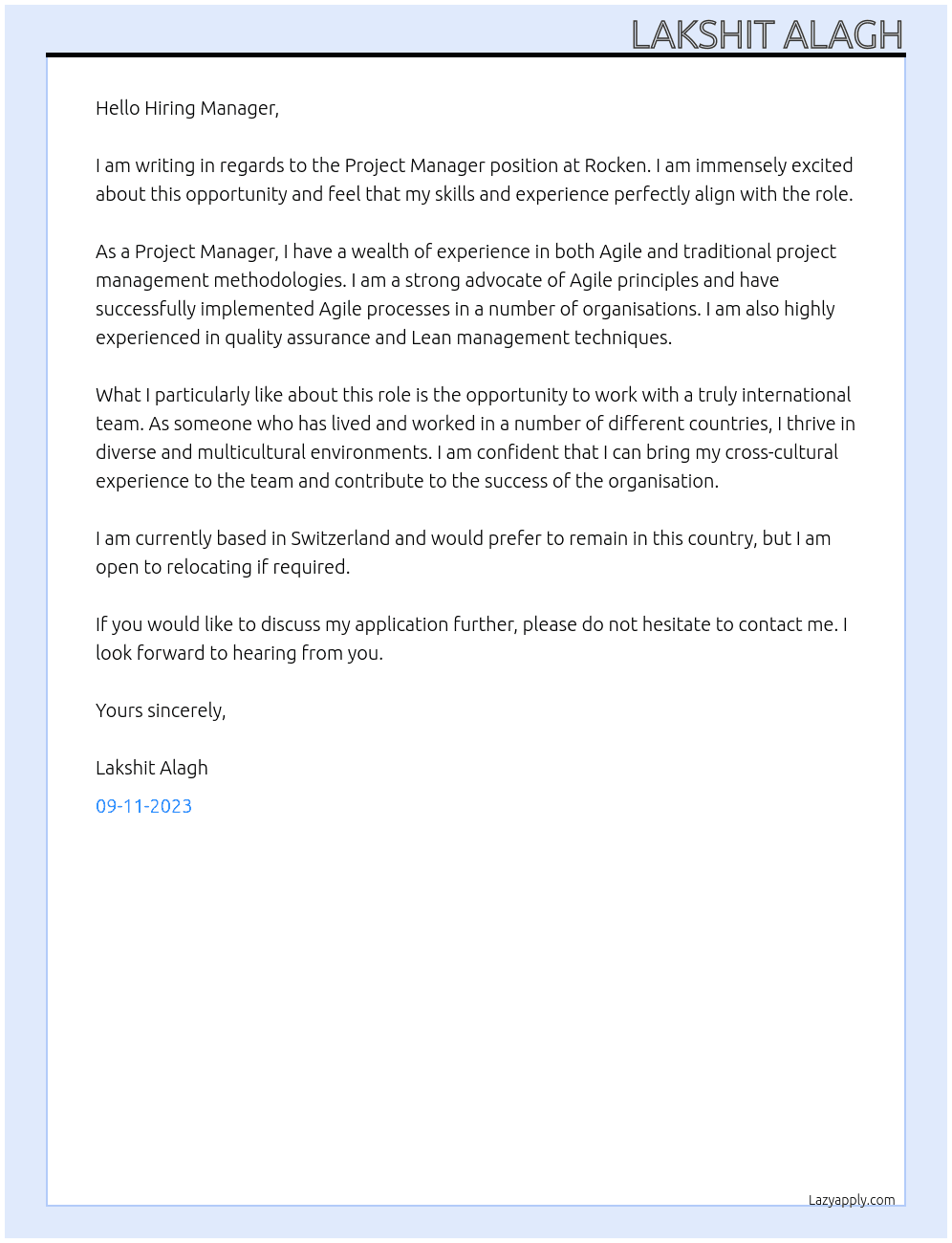 Project Manager At Rocken Cover Letter