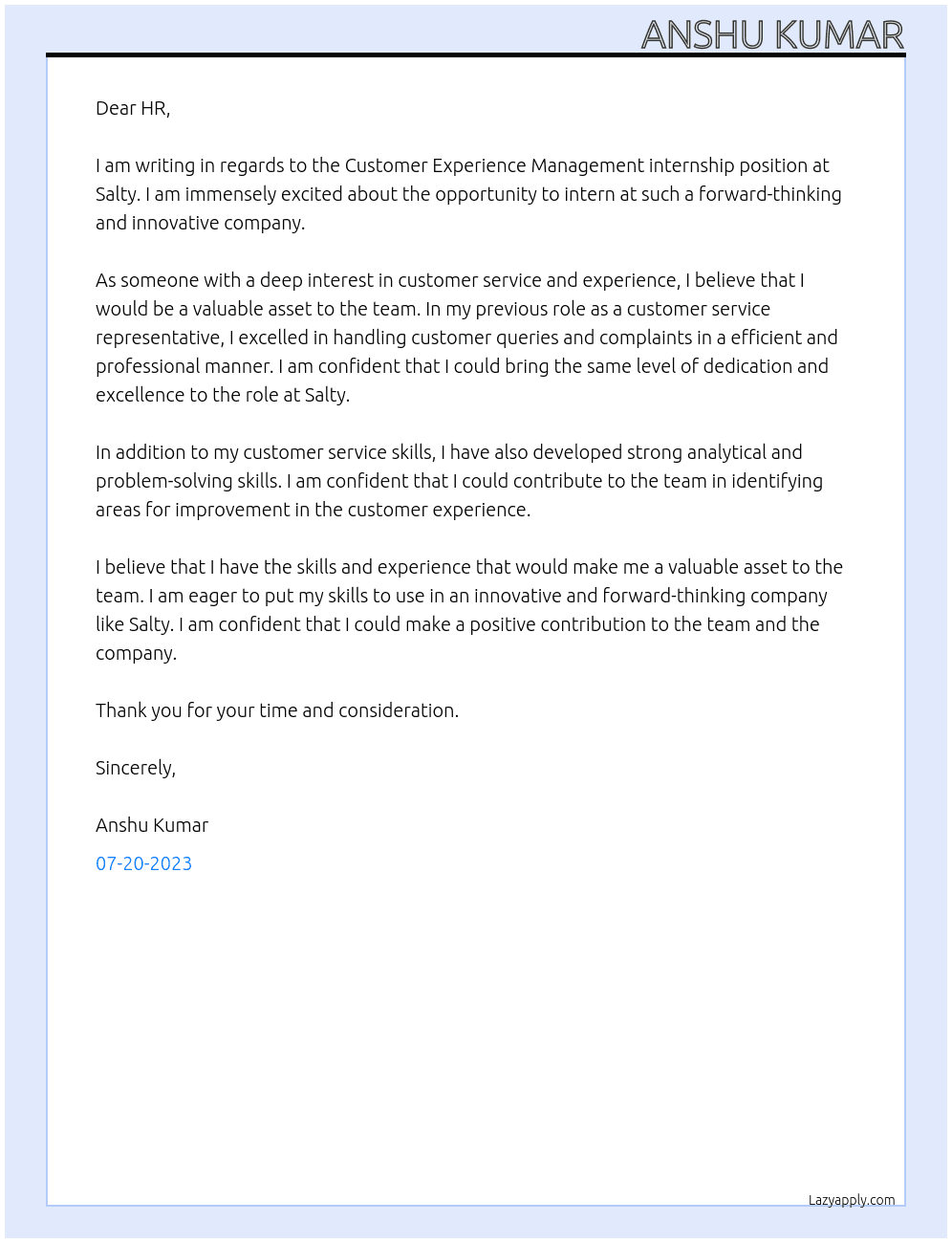 Customer Experience Management internship At Salty Cover Letter