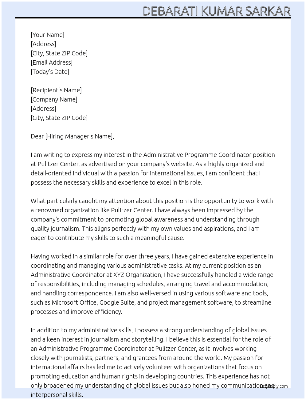 Administrative programme coordinator  At Pulitzer Center Cover Letter