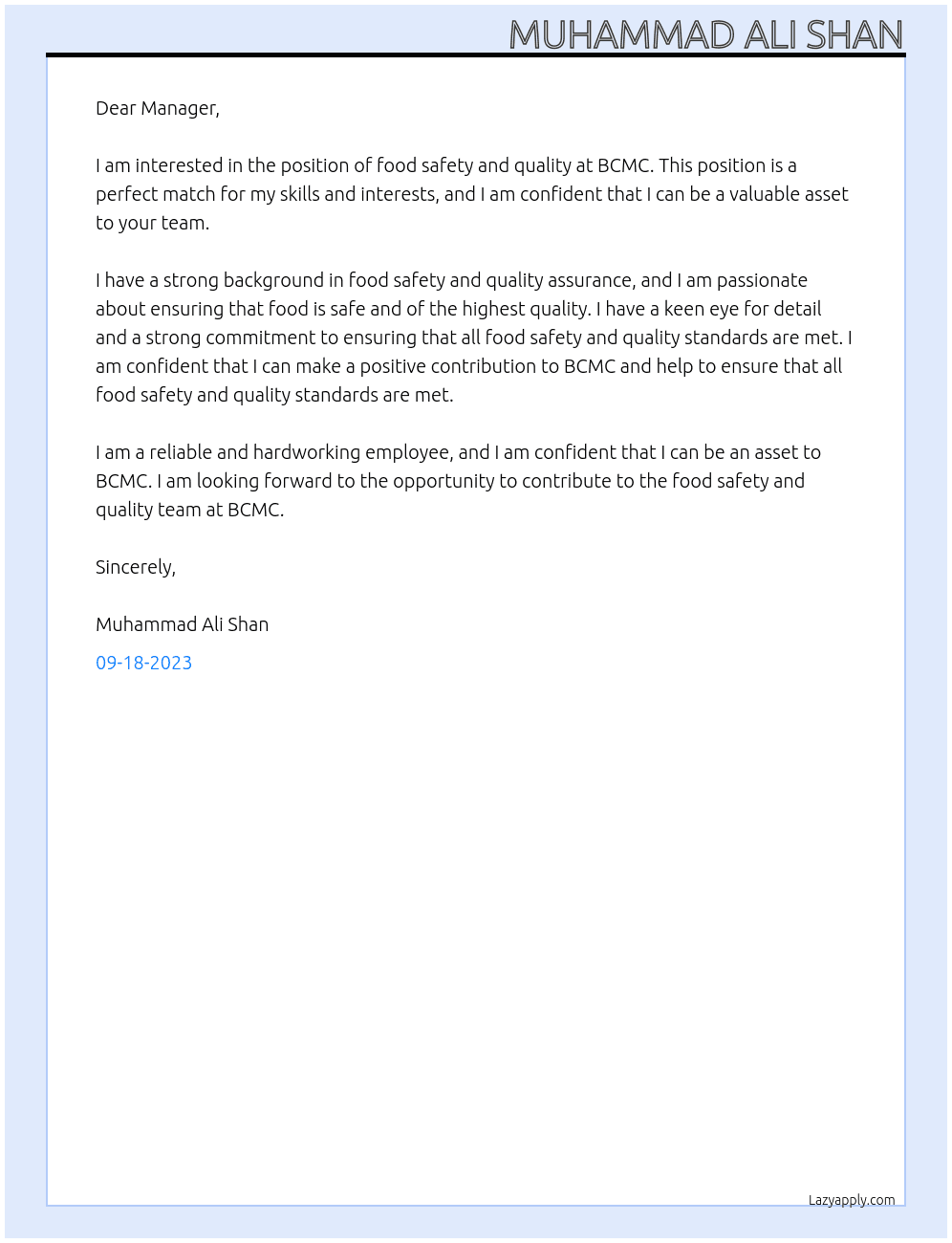 FOOD SAFETY AND QUALITY At BCMC Cover Letter