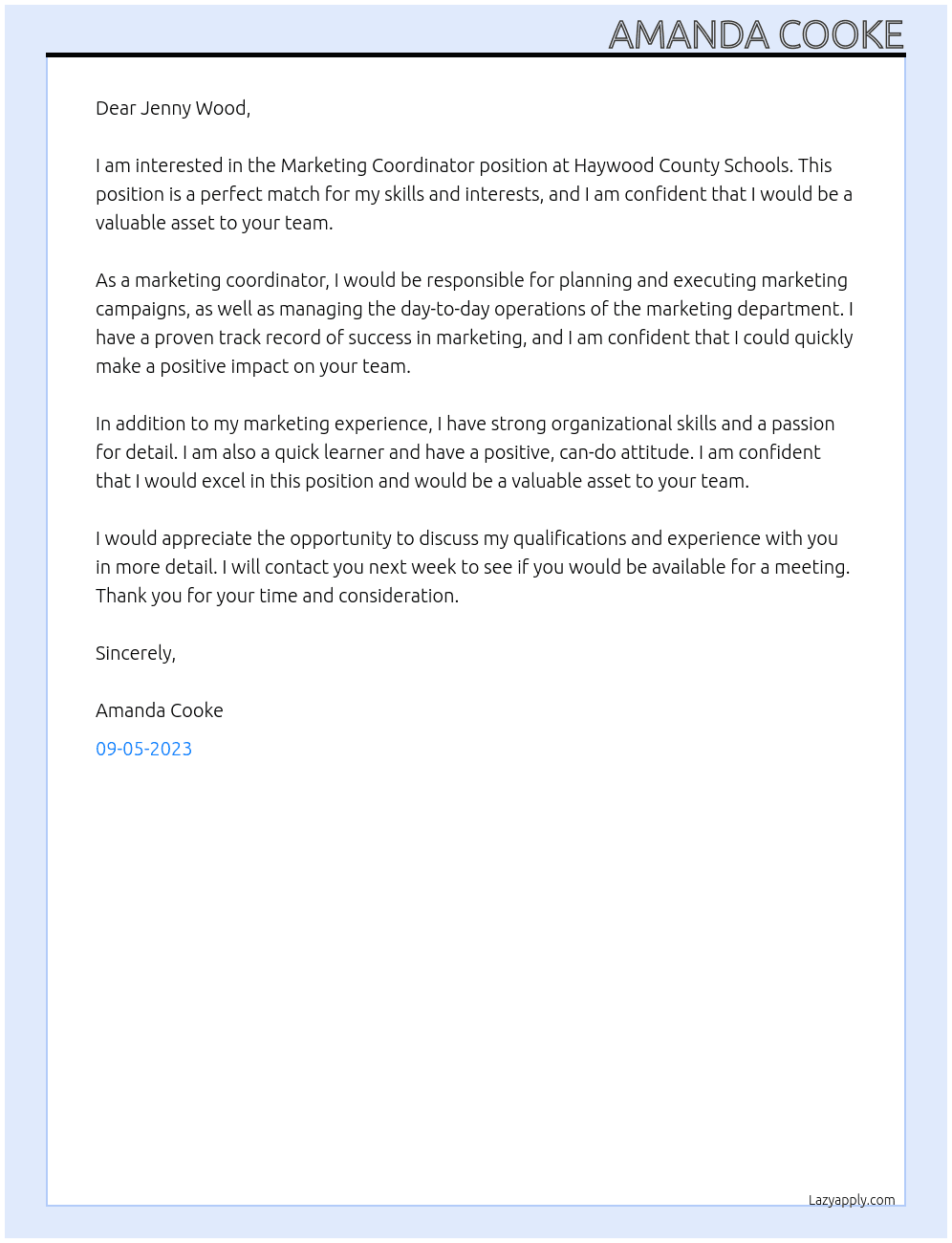 Marketing Coordinator At Haywood County Schools Cover Letter