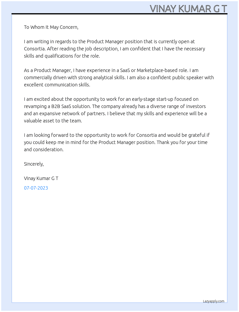 Product Manager At Consortia Cover Letter